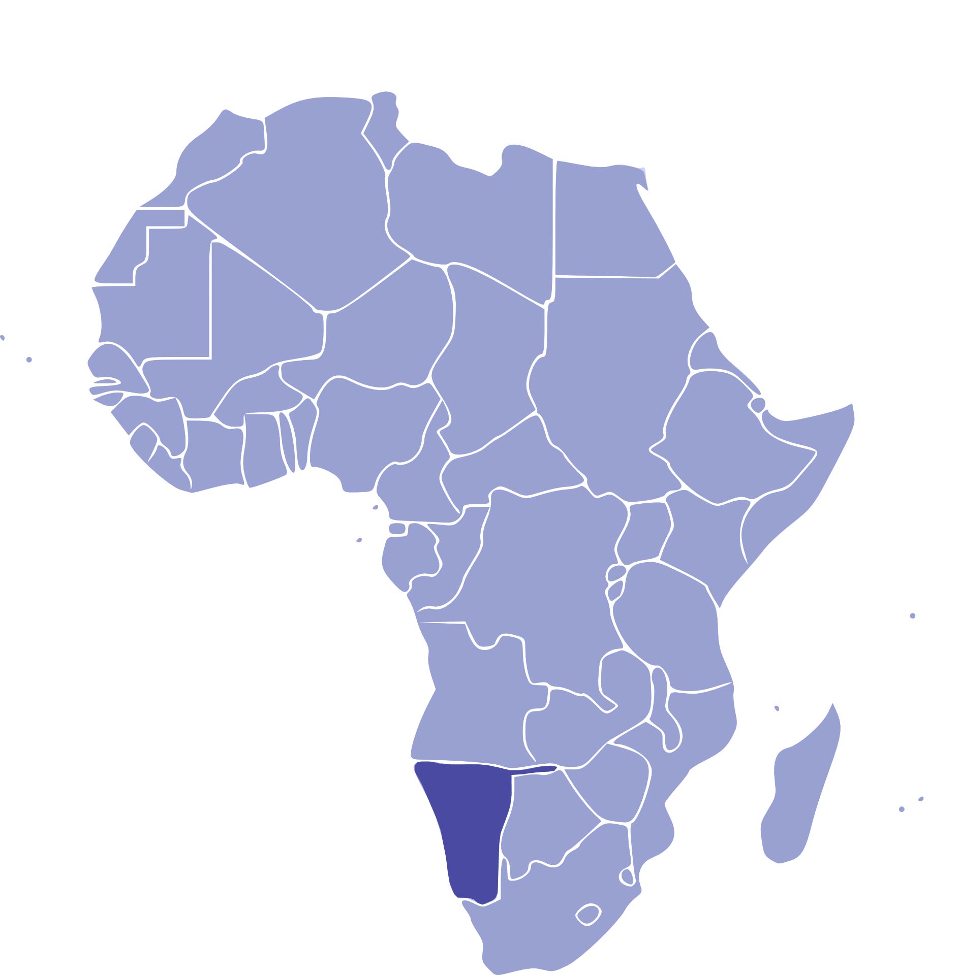 Namibia Map of africa where Namibia highlighted.