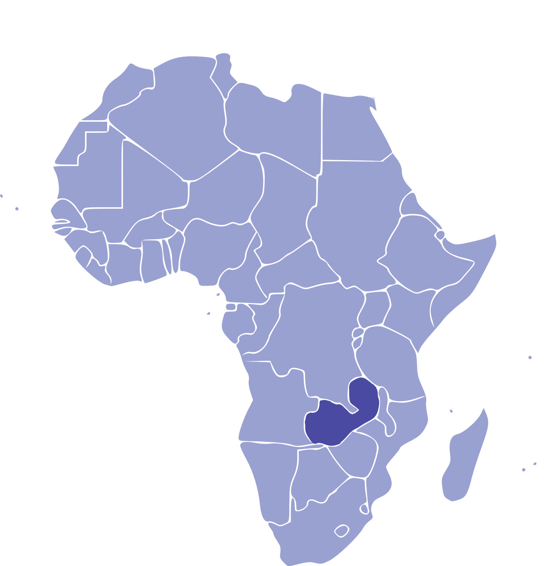 Zambia Africa map, Zambia highlighted in south.